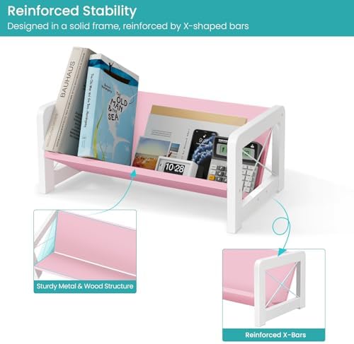 ELITEROO Tabletop Bookshelf, Simple Wood Book Organizer for Desk, Tilted Table Bookcase, Small Desktop Book Rack for Cookbook Display, Kids Reading, Office Storage, Pink - Image 4