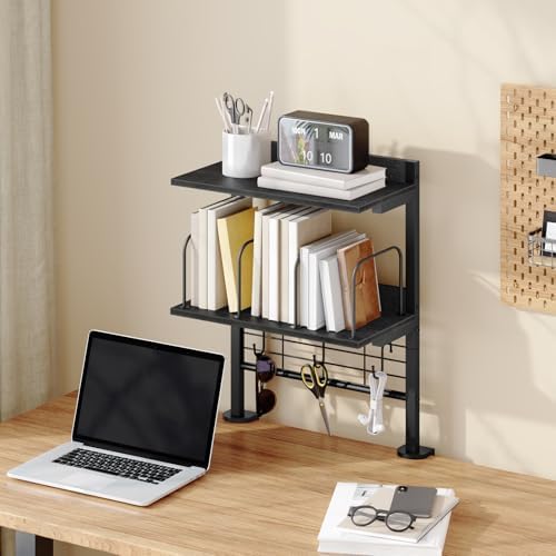 MAHANCRIS Clamp on Desk Shelf, 2 Tier Desk Storage Organizer, Desktop Bookshelf with Hooks and Divider, Desk Accessories for Study and Gaming Room, Black DSBK4501 - Image 2