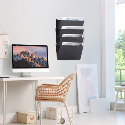 EASEPRES 4 Pack Black Single Pocket Hanging File Organizer, Plastic Wall Mount Paper Mails Magazines Holder, Mounted Folder Bins for Office, School and Home, 12.99x4.13x7.48 inches - Image 5