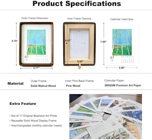 Original Hand Drawn Travel Art Desk Calendar Aug 2026-Dec 2027, 8 Inch Black Walnut Framed Monthly Table Calendar, Decorative Desktop Art Calendar - Image 5
