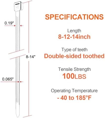 Zip Ties Assorted Size,8+12+14 Inch V-Shaped Toothed Double Sided Toothed,100 LBS Tensile Strength Heavy Duty Cable Wire Ties More Durable Nylon Tie Wraps for Indoor Outdoor（1000 Pack） - Image 2