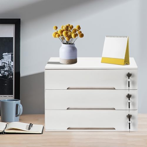 Wooden Desk Organizer with Lockable Drawers, 3-Tier Countertop Storage Cabinet File Cabinet Jewelry Organizer Home Office Supplies Organization Unit (White-3 Lock) - Image 2