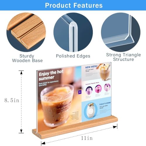Kersally Acrylic Sign Holder 11 x 8.5'', 4 Pack Double-Sided Clear Table Display Stands with Wood Base,Horizontal Acrylic Frame Menu Flyer Paper Holder for Store, Restaurant, Hotel, Office, Show Fair - Image 3