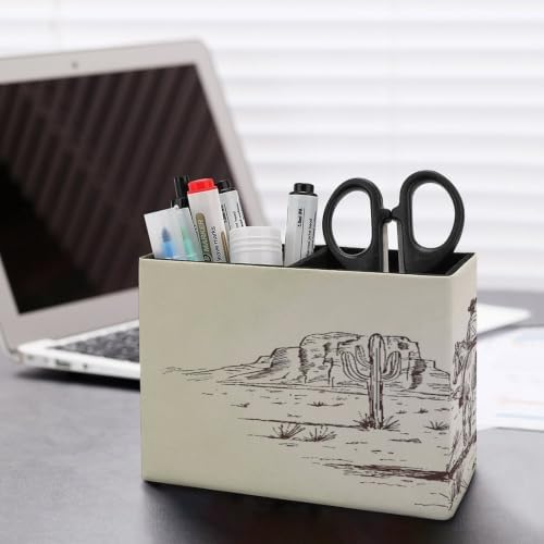 PU Leather Multi-Compartment Pen Holder Desktop Organizer Pencil Cup Storage Caddy for Office Home Supplies Hand Drawn of Two Cowboys Riding Horses in Desert - Image 5