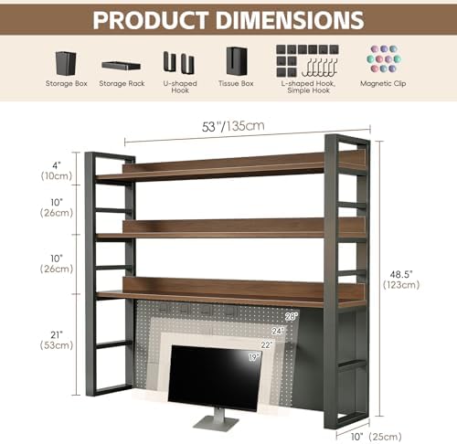 LINLIUA 2/3/4 Tier Desk Hutch, Metal Desk Shelf with Pegboard, Desk Shelves for Top of Desk, Freestanding Desktop Bookshelf, Desktop Shelf Organizer Display Rack for Dorm Office and Home - Image 2