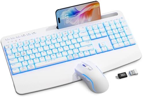White Keyboard and Mouse Wireless Combo, 4000mAh Rechargeable Backlit Quiet Keyboards mice Set, USB Ergonomic Key Board with Wrist Rest & Phone Holder for PC, Mac, Windows, Natural Soft Typing by SABLUTE