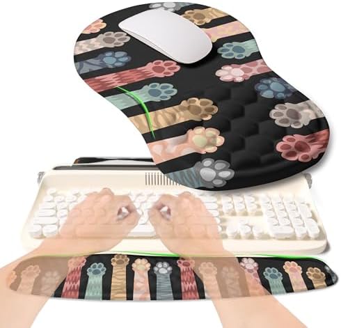2-in-1 Ergonomic Set, Wave Rise Keyboard Wrist Rest and Massage Bulge Slope Mouse Pad Wrist Support, Cushion Memory Foam Integrated to Relieve Wrist Pain, Multicolour Cat Claws by KUOSGM