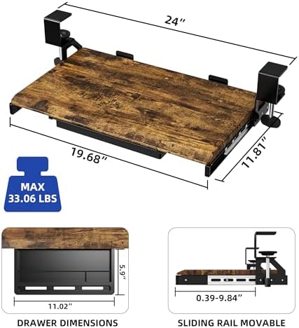 ETHU Small Keyboard Tray Under Desk with Metal Rail, 19.7x11.8", Walnut - Image 2