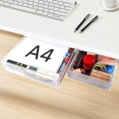 OSPNIEEK Self-adhesive Under Desk Drawer Organizer, 2 Pack Table Hidden Slide Out Large Storage Mounted Desktop Pencil Holder Tray Drawers for Office Home School Stationery Kitchen (XL+L, White) by OSPNIEEK