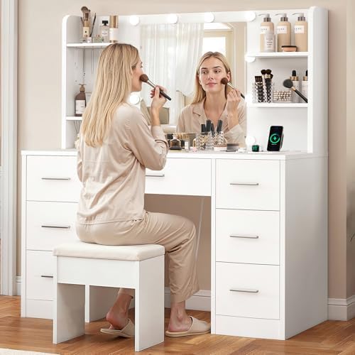 FIONESO Vanity Desk with LED Light Mirror & Power Outlet, 3 Adjustable Light Color, Makeup Vanity with 7 Drawers, 4 Shelves, 5 Jewel Hooks, White Vanity for Bedroom, Girls Vanity - Image 6