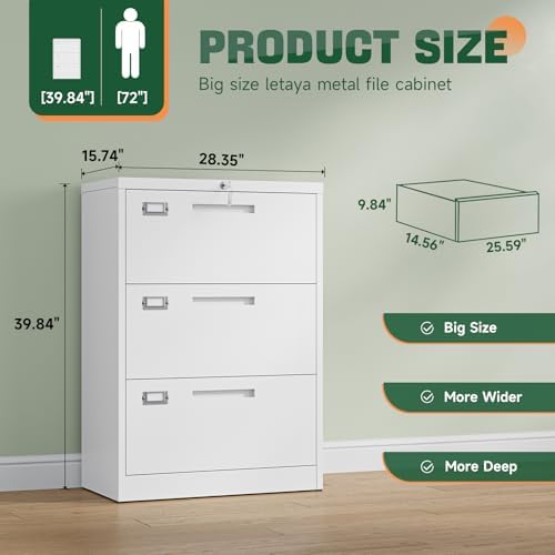 Letaya 3 Drawer File Cabinets with Lock,Metal Lateral Filing Storage Cabinet Printer Stand,White Steel Home Office Cabinet for Hanging Files Letter/Legal/A4 Size (White, H39.84×W28.35×D15.74) - Image 3