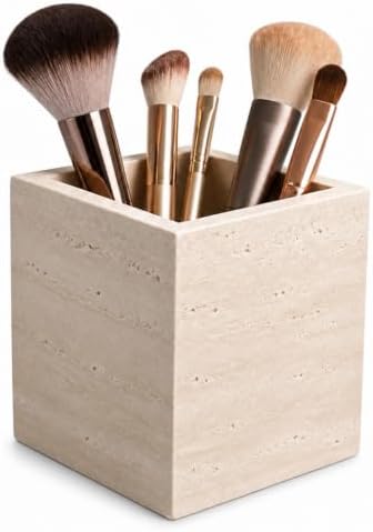 Koville Travertine Toothbrush Holder, Natural Marble Stone Makeup Brush Holder, Rectangular Pencil Cup Office Countertop Organizer Utensil Container Vanity Bathroom Kitchen Sink(Beige) by Koville