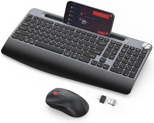 GAMCATZ Ergonomic Wireless Keyboard and Mouse with Wrist Rest，Phone Holder - 2.4GHz Full-Sized Low-Profile Quiet Wireless Mouse and Keyboard Combo for Computer, Laptop, PC, Mac-Black by WirelessKeyboardAndMouse