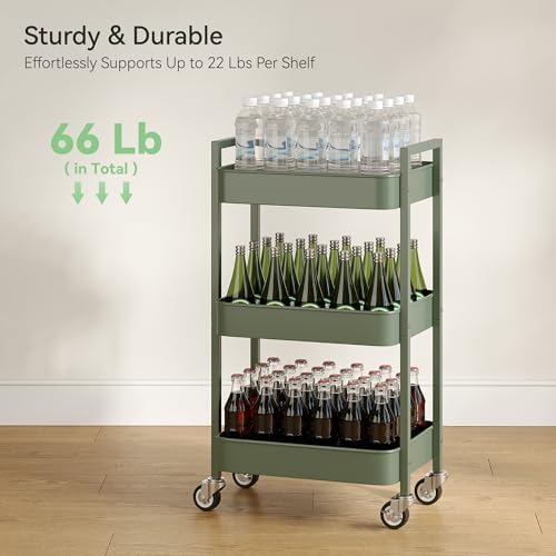 Nunsino 3 Tier Rolling Cart,Utility Cart with Locking Wheels, Hanging Cups,&Hooks, Heavy Duty Metal Storage Organizer Cart for Kitchen,Office, Bathroom,Craft Room,Green - Image 6
