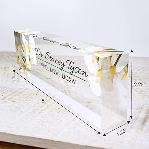 Artblox Office Desk Name Plate Personalized | Custom Name Plates for Desks | Calla Flowers Design On Clear Acrylic Glass | Office Desk Decor - (8" x 2.5") - Image 3
