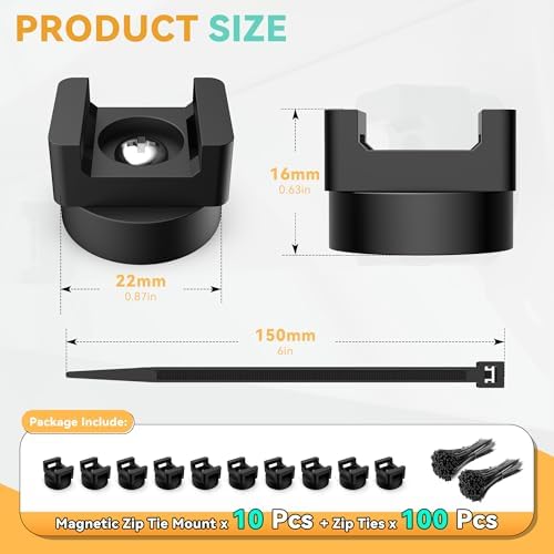 110 Pcs Magnetic Zip Tie Mount Base 26lbs Strong Magnetic Zip Tie Holder Multipurpose Magnet Cable Tie Clips Holder Wire Management Clips for Home Office Marine Electrical Wiring Organization Black - Image 2
