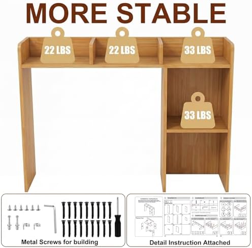 Briwooody Dorm Desk Bookshelf Desk Hutch Organizer with 5 Shelves and 3 Tier Desktop Hutch Storage Organizer for College Dorm Home Office Supply, 32.5 x 23.5 x 8 Inch(Bamboo and Wood) - Image 5