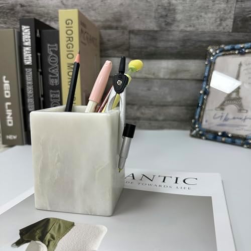 Natural Marble Pen Holder, 2.95" x 3.74" Square Hand-Polished Desk Pencil Cup, Multi-Functional Marble Organizer for Makeup Brushes, Kitchen Utensils, Office, Bathroom, Home Decor - Image 4