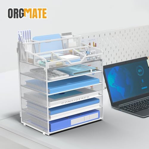 6 Tier Mesh Paper Desk Organizer with Pen Holders, White - Image 7