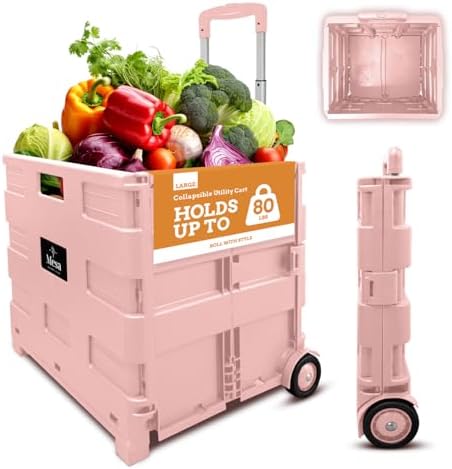 Inspired Living Ultra-Slim Rolling Collapsible Storage Pack-N-Roll Utility-carts, with Telescopic Handle, for Home, Garden, Shopping, Office, School use, Large, Raspberry Pink by Inspired+Living