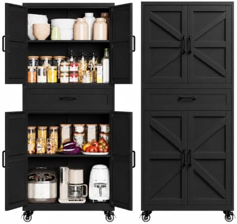 Black Metal Kitchen Storage Pantry Cabinet Rolling Garage Storage Cabinet by Yizosh