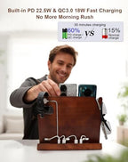 Wood Phone Docking Station with 4 USB 22.5W PD & QC3.0 Fast Charger,Nightstand Organizer for Men, Dual Phone Charging Station for iPhone Samsung Google Android,Anniversary Birthday Gifts for Men Him - Image 4