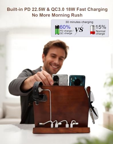 Wood Phone Docking Station with 4 USB 22.5W PD & QC3.0 Fast Charger,Nightstand Organizer for Men, Dual Phone Charging Station for iPhone Samsung Google Android,Anniversary Birthday Gifts for Men Him - Image 4
