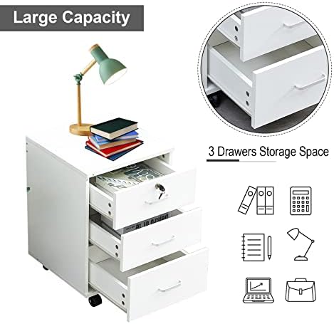 OFCASA 3 Drawer File Cabinet with Lock, Small Rolling Filing Cabinets for Home Office, Wooden Under Desk File Cabinet with Wheels, Mobile Storage Cabinet Printer Stand, for Letter/Legal/A4 Size, White - Image 3