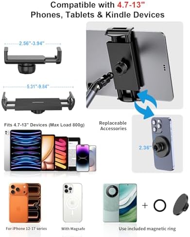 Rolling Tablet Floor Stand with Wheels, Adjustable Aluminum Arm & 360° Rotation, Magnetic Phone Holder with Remote, iPad Floor Stand for Bed, Compatible with 4.7-13" iPad, Phone, Kindle & Tablets - Image 6