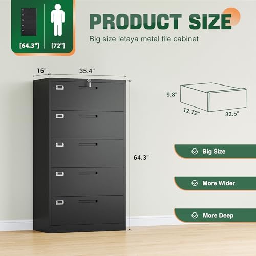 Letaya 5 Drawer File Cabinet with Lock,Metal Lateral Filing Cabinets for Home Office Hanging Files Letter/Legal/F4/A4 Size(Black-Requires Installation) - Image 3