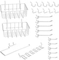 24PCS Pegboard Accessories Organizer Kit, Dual-Lock Pegboard Hooks with Locking Pins 2 Wire Storage Baskets Paper Towel Holder 6-Hook Rack Heavy Duty Steel Pegboard Storage Organizer White by Unknown