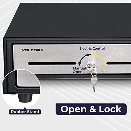 Volcora Cash Register Drawer for Point of Sale (POS) System - Black and Stainless Steel Front - Fully Removable 2 Tier Cash Tray, 5 Bill/8 Coin, 12-24V, RJ11/RJ12 Key-Lock - Under Counter - Image 5