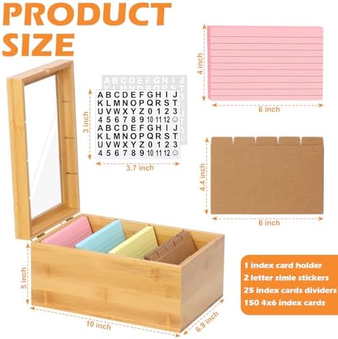 4x6 Index Card Holder with Dividers Bamboo Index Card Organizer Box 4 Compartments Flash Cards Holder with Lid 150 Index Flash Cards 25 Index Cards Dividers 2 Letter Smile Stickers for Office Business - Image 2