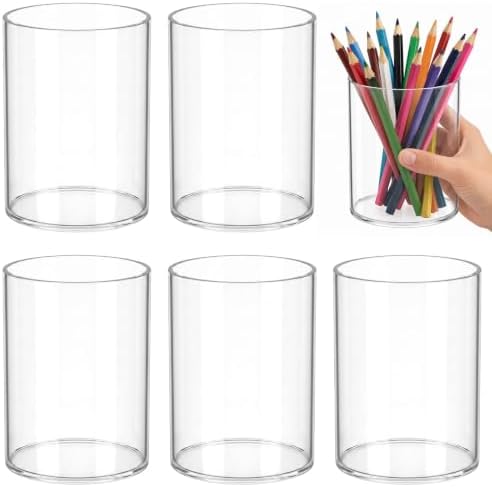 6PCS Clear Acrylic Pen Holder Pencil Cup Office Desk Organizer Case Toothbrush Utensil Holder Marker Makeup Brush Organizer Pencil Box Coffee Stirrers Storage Container for Classroom Counter by MOTOTO