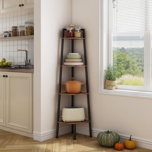 Hoctieon Corner Shelf, 4-Tier Corner Bookshelf, Rustic Ladder Shelf, Industrial Display Stand for Living Room, Kitchen, Home Office, Balcony, Small Space, Metal Frame, Rustic Brown - Image 6