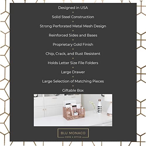 BLU MONACO | Rose Gold Desk Organizer with Sticky Note & File Holder | Metal Mesh Desktop Organizer with Large Drawer & 8 Compartments | Stylish Office, Vanity & Countertop Storage - Image 3