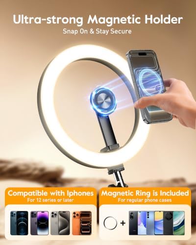 LUXSURE Ring Light with Magnetic Phone Holder, Overhead Phone Mount with 10" Selfie Light Phone Tripod with Ring Light and Remote, Phone Stand with Light for Video Recording - Image 3