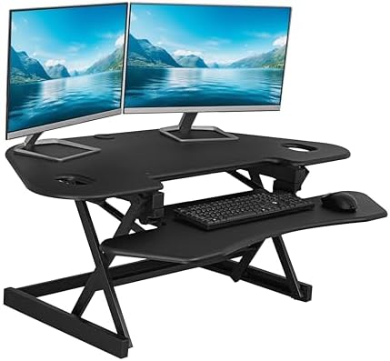 Rocelco 46" Height Adjustable Corner Standing Desk Converter with AC Outlet and USB Charger - Sit Stand Up Dual Monitor Tabletop Riser Workstation - Large Keyboard Tray - Black (R CADRB-46-ACUSB) by Rocelco