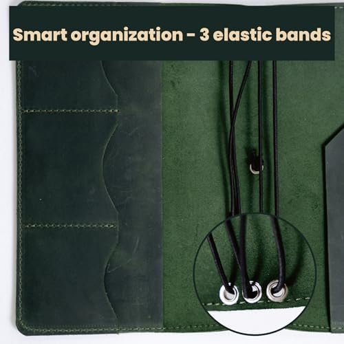 Leather A5 Notebook Cover – Refillable Journal Cover with Pen Holder & Card Slots, Handmade Leather Notebook Case, Fits A5 Notebooks (Paper Not Included), Green - Image 5