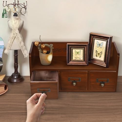 Desktop Organizer with 3 Drawers Vintage Supplies Organizer Tabletop Drawers for Desk Brown 15.16 * 5.71 * 7.28in - Image 2