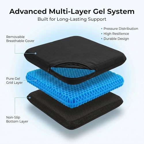 Extra Thick Large Pure Gel Seat Cushion for Long Sitting, Breathable Comfort Cushion for Back, Sciatica, Tailbone & Hip Pain Relief, Washable Portable Cushion for Office Chair, Car, Wheelchair - Image 3