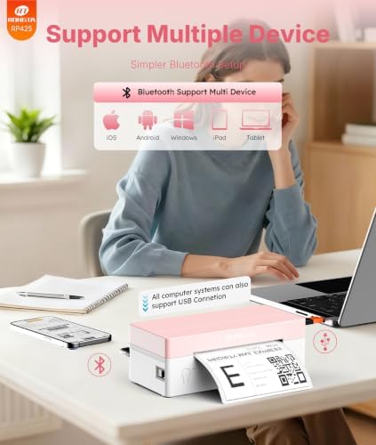 Rongta 4x6 Bluetooth Thermal Label Printer, Wireless Shipping Label Printers for Shipping Packages Small Business Office or Home, Compatible with iPhone Android iPad macOS Windows, Pink - Image 2