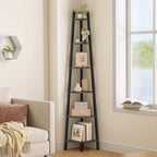Hoctieon Corner Shelf, 6-Tier Corner Bookshelf, Rustic Ladder Shelf, Industrial Display Stand for Living Room, Kitchen, Home Office, Balcony, Small Space, Metal Frame, Grey by Hoctieon