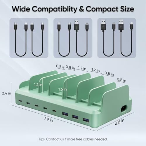 300W Charging Station for Multiple Devices, 8 Port Multi USB C Fast Charger Station Dock for MacBook iPhone 16/15/14/13/12 Samsung Pixel Series iPad, Green (6 Mixed Short Cables Included) - Image 5