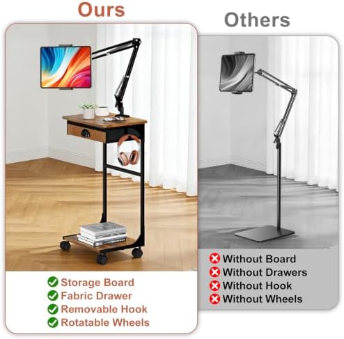 Floor Kindle Phone Tablet Stand with Drawer & Storage Shelves, Angle Height Adjustable Tablet Kindle Cell Phone Holder For Bed with Rotating Wheels, Compatible With 4.7"-13" Tablet iPone iPad Air Pro - Image 6