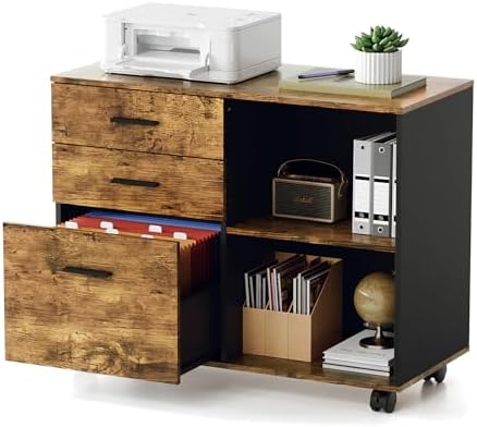 VINGLI 3 Drawer Wood Lateral File Cabinet with Adjustable Shelves & Locking Wheels, Printer Stand with Drawers for Letter, Sturdy Black File Cabinets for Home Office, Study & Business, Rustic Brown by VINGLI