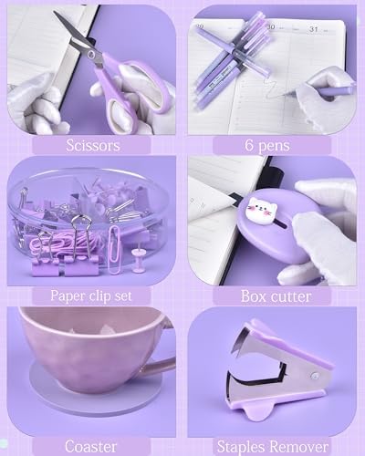 23pc Purple Desk Accessories and Organizers with Mesh Organizer Stapler Tape Dispenser Calculator and a Lot of Office Purple Office Supplies Beautifully Presented in a Gift Box - Image 4