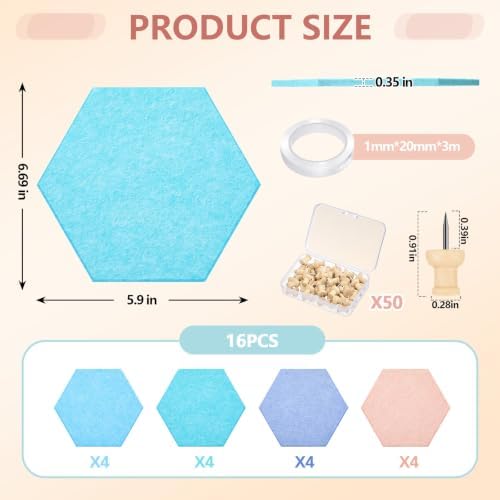 6.7 x 5.9 in 16 Pcs Hexagon Cork Board Tiles, Felt Pin Boards, Pastel - Image 3