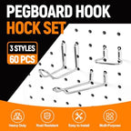 60 Pack Pegboard Hooks Assortment, 3 Sizes Heavy Duty Galvanized Peg Board Hooks, 20 Each, Garage Tool Organizer Accessories for Workshop Storage - Image 2