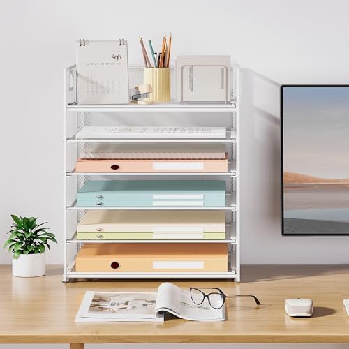 Subekyu 6-Tier Desk Paper Organizer, Desktop File Letter Tray with Handle, Document Sorter and Accessories Holder for Office, Home and School Workspace Organizers, White - 2 Pack - Image 7